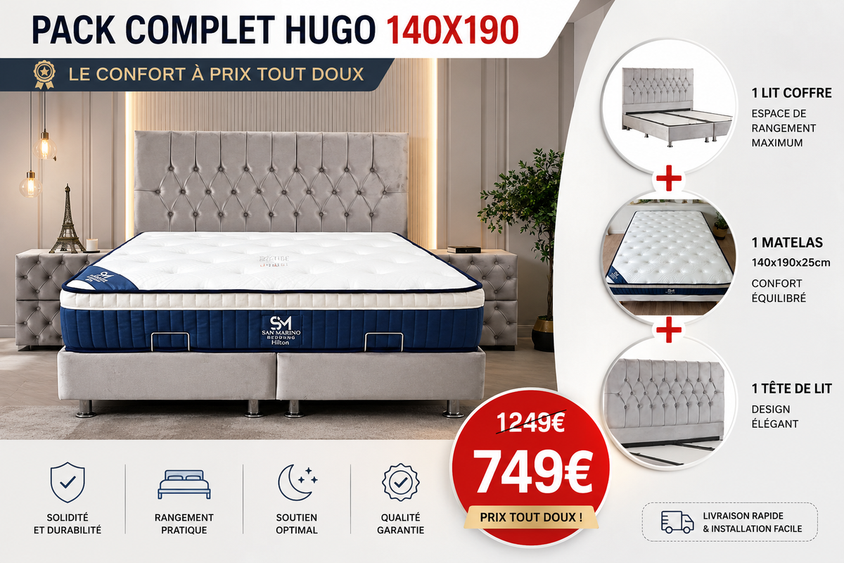 Lit coffre Hugo + Matelas 25cm d’épaisseur