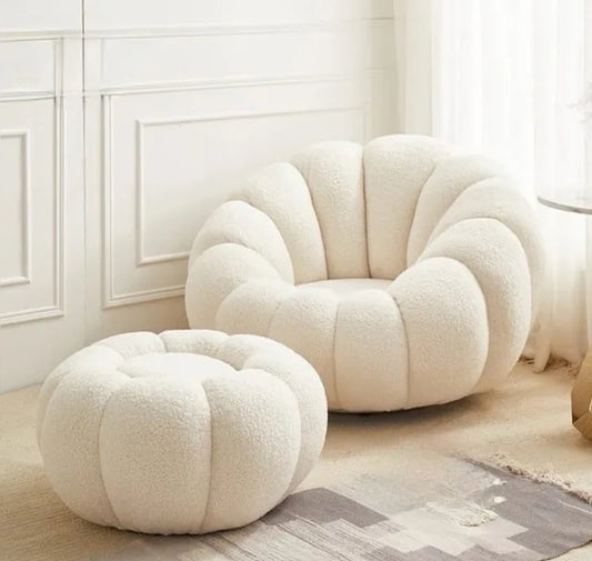 FAUTEUIL PIVOTANT AVEC POUF LAINE BOUCLEE COZY